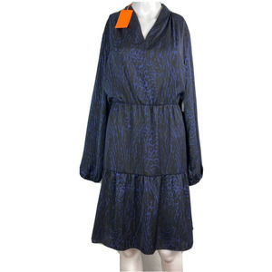 NWT Gigi Parker Dress Womens Sz M‎ Navy Blue Animal Print Eclipse Tiered Blouson